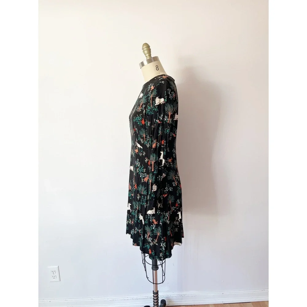 Modcloth Sugarhill Mini Dress Black Unicorn Woodland Print Long Sleeve Whimsical - Picture 5 of 9